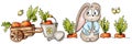 ÃÂ¡ute rabbit cart carrots bucket and spade butterflies sketch black outline different elements isolated